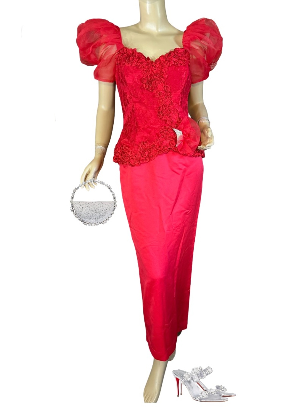 VINTAGE 1980'S KAREN OKADA FOR DAVID HOWARD RED LACE  & SATIN FORMAL DRESS (4)